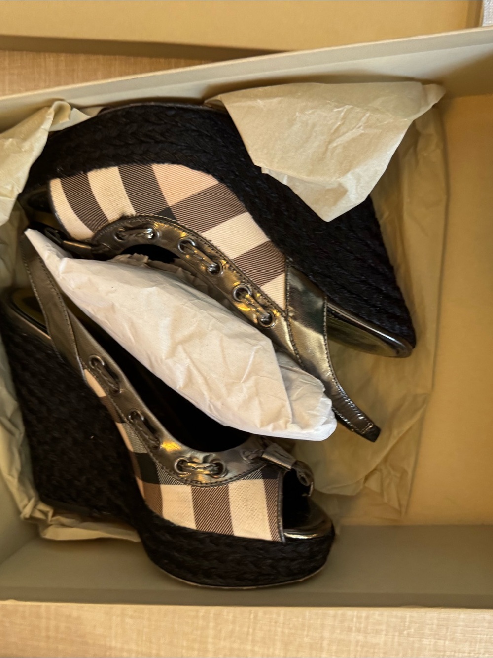 Burberry Nova Check Espadrille Wedge Slingback Heels with Metallic Trim/Tassles - Picture 3 of 9